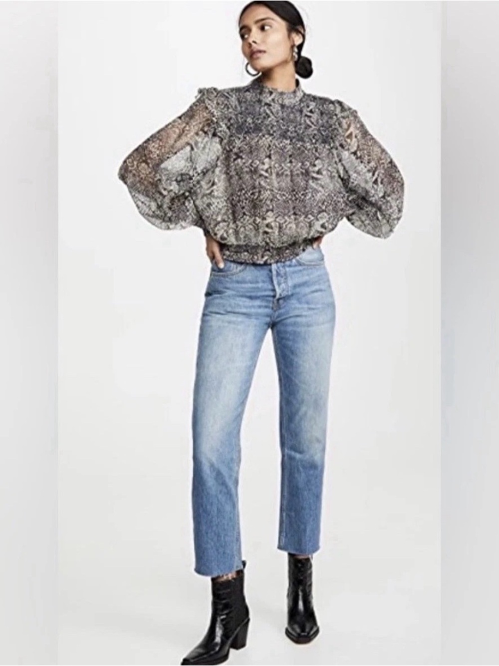 NWT Free People Sheer Snake-Print High-Neck Blouse in Black and Cream Size Small - Picture 2 of 5
